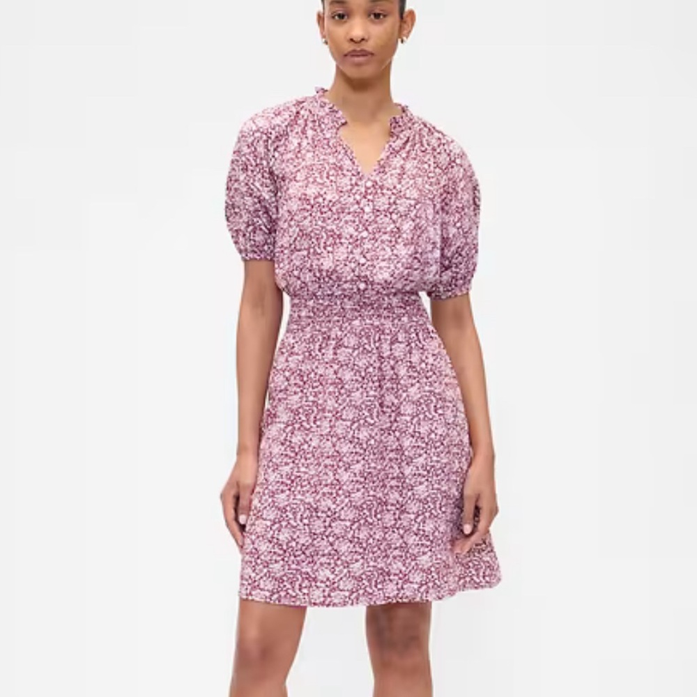 GAP Relaxed Smocked Splitneck Mini Dress, Women’s Size Large, Ditsy Pink